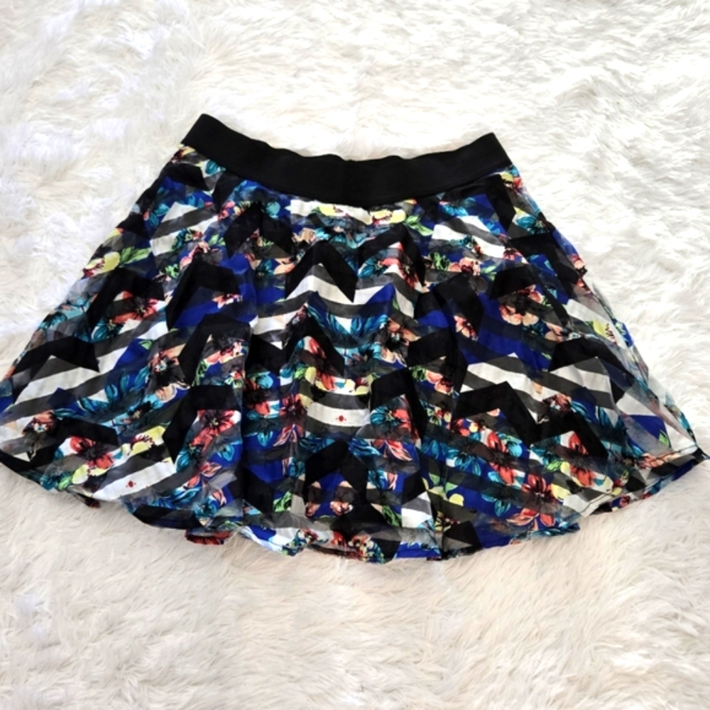 Material Girl Blue Black Ruffled Skater Mini Skirt